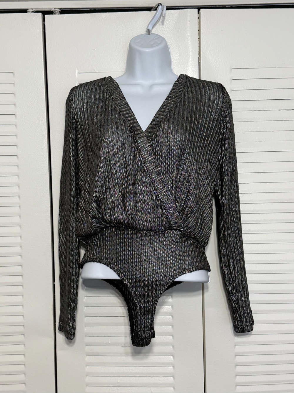 Metallic Shimmer Long Sleeve Bodysuit | Whimsigoth Cyber Y2K Glam Night Out Top